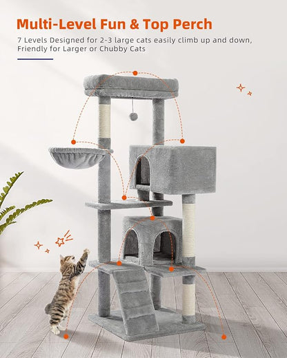 PEQULTI 56.3'' Cat Tree for Large Cats with Super Large Top Perch, Tower for Indoor Cats with Hammock and Sleeping Bag, Cat Shelves with Scratching Posts and 2 Condos Houses Grey
