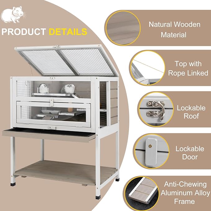 Large Hamster Cages, Easy Clean Hamster Cages and Habitat with Food Bowl, Shelf and Ladder, Wooden Indoor Small Animal Cage with Not Leakage Pull Out Tray (25.6" L X 17.7" W X 30.9”H)