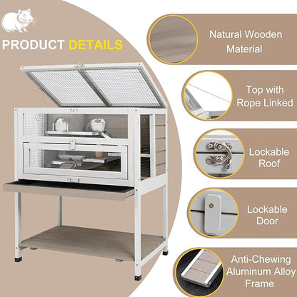 Large Hamster Cages, Easy Clean Hamster Cages and Habitat with Food Bowl, Shelf and Ladder, Wooden Indoor Small Animal Cage with Not Leakage Pull Out Tray (25.6" L X 17.7" W X 30.9”H)
