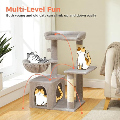 Cat Tree for Indoor Cats with Metal Frame Plush Hammock, 32" Cat Tower with Cozy Condo, Top Perch, Scratching Posts, and Replaceable Ball Toy, Pet Furniture for Small Cats & Kittens, Grey