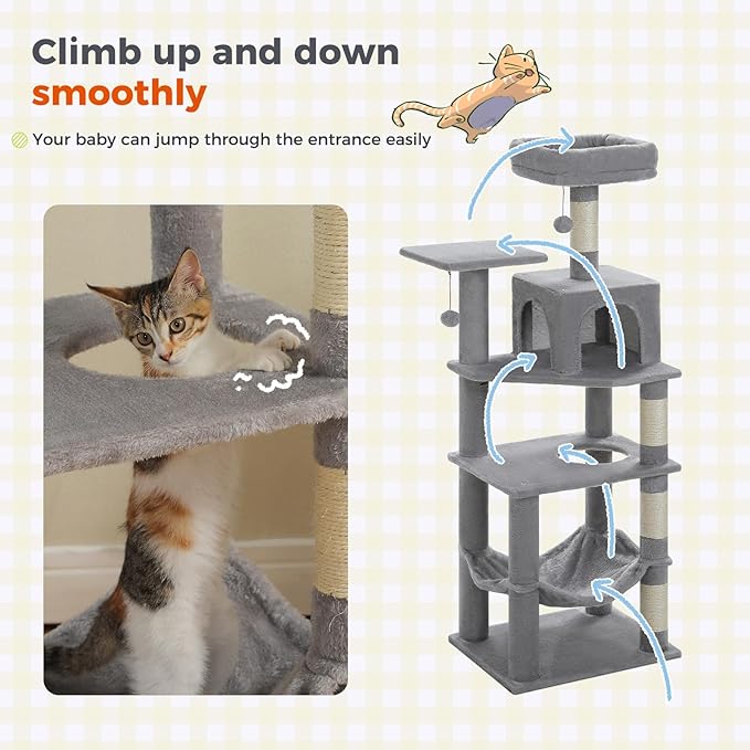 PEQULTI 56.3'' Cat Tree for Indoor Cats, Multi-Level Cat Tower with 2 Top Perch. Cat Condo, Hammock and Sisal-Covered Scratching Post, Grey
