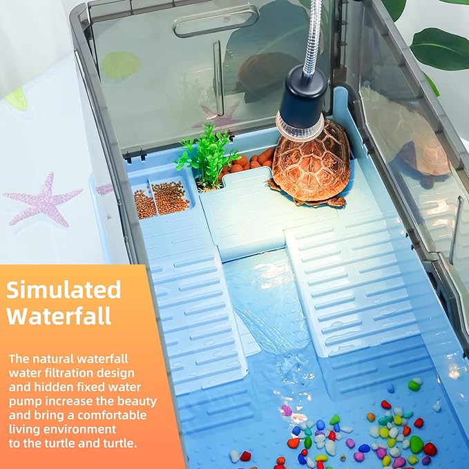 Turtle Habitat Tank Kit– Fresh Filtration, Waterplay Fun, Diverse Living, Heat Lamp, Water Pump and Convenient Water Changes in Tanks Habitat Kits Turtle cage Blue,Large