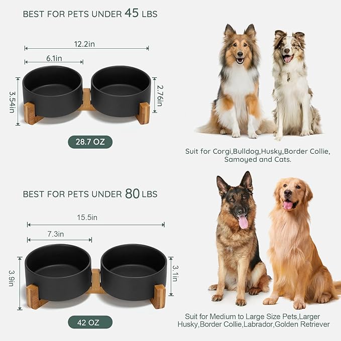SPUNKYJUNKY Ceramic Dog and Cat Bowl Set with Wooden Stand, Modern Cute Weighted Food Water Bowl Set for Medium to Large Size Dogs (42 OZ, 2 × Black)