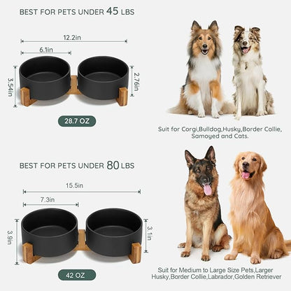 SPUNKYJUNKY Ceramic Dog and Cat Bowl Set with Wooden Stand, Modern Cute Weighted Food Water Bowl Set for Medium to Large Size Dogs (42 OZ, 2 × Black)