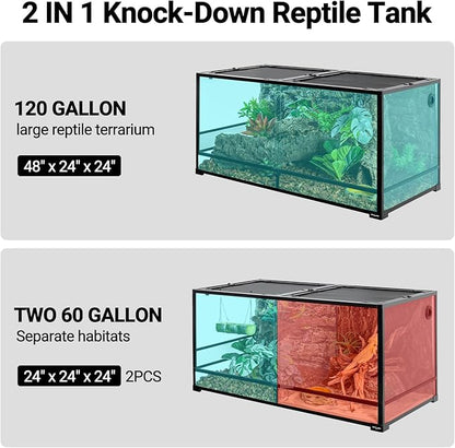 REPTIZOO 120 Gallon Large Reptile Terrarium Tank, 48" x 24" x 24" Front Opening Terrarium Glass Reptile Tank with Screen Ventilation, Supporting Used as 2 Separate Habitats Easy Assembly