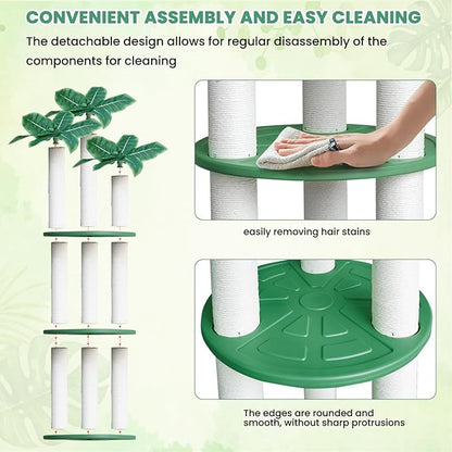 68 inch Waterproof cat Tower, Cylindrical Outdoor cat Tree with Green Leaves,Plastic Board and cat Scratching Post,Used in Catio,Deck,Patio
