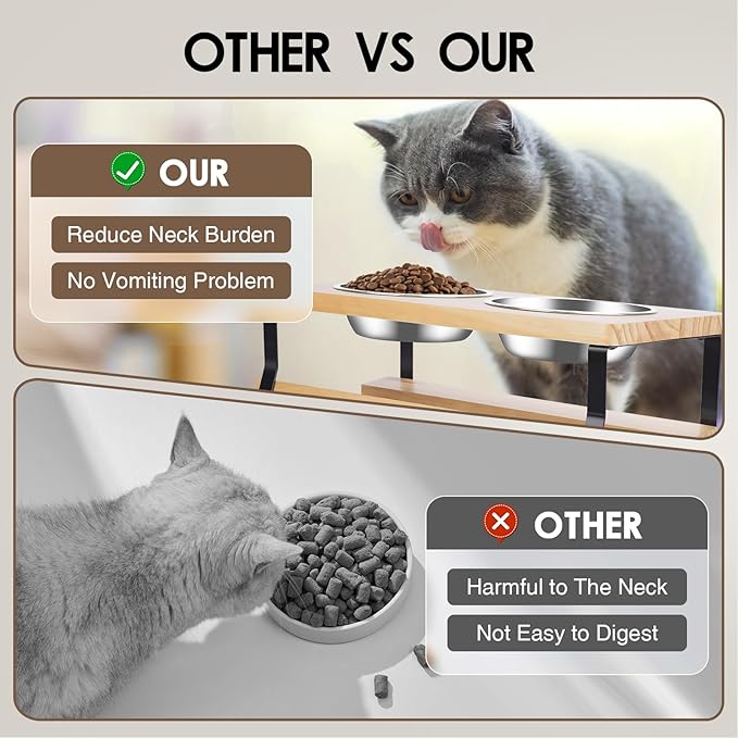 Elevated Cat Bowls with Food Mat, 15° Tilted Anti Vomiting Raised Cat Feeder for Indoor Cats and Puppy, 2 Stainless Steel Bowls for Food and Water