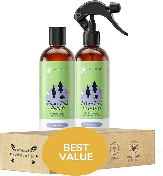 kin+kind Flea and Tick Spray and Shampoo Kit- Shampoo and Spray Set- Shampoo for Dogs, Spray for Dogs- for Tick and Flea Control Shampoo and Repel Spray- Lavender, 12 oz Each
