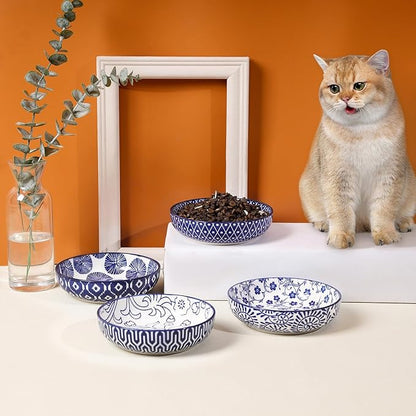 Selamica Ceramic Cat Food Bowl Set of 4, 5.6 Inch Wide Shallow Cat Bowls/Dishes for Food and Water, Vintage Blue