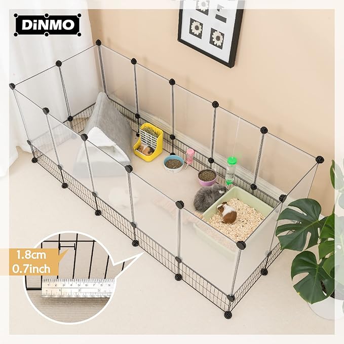 DINMO Rabbit Playpen, Guinea Pig Cages, Hamster Cages, Iron Net Bottom Design for Small Animal, Bunny, Ferret, Hedgehog, DIY, Expanded, Portable, Exercise Fence, 61.4 x 25.4 x 22.3 Inches
