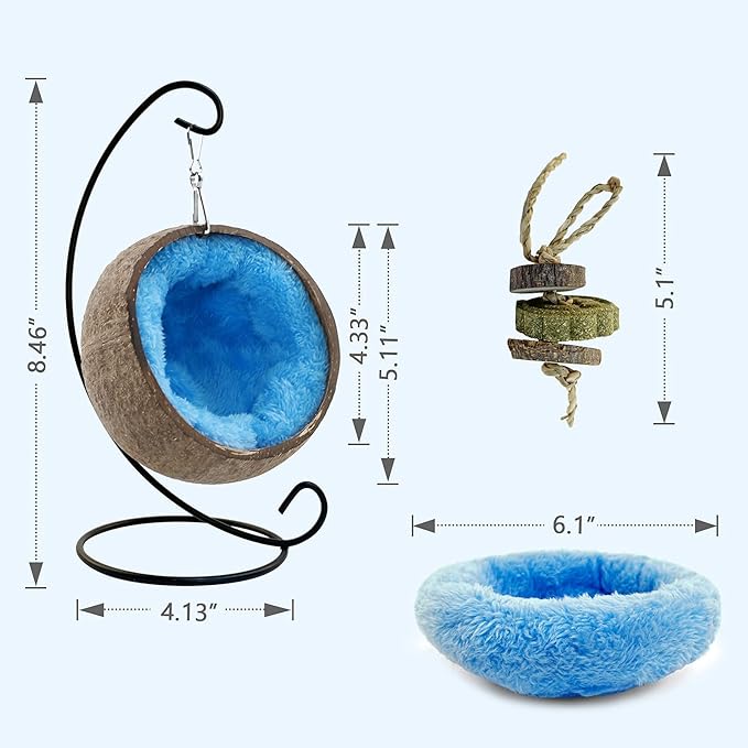 Ranslen Natural Coconut Hamster Hideout Hammock with Molar Toy Suspension Coconut Husk Hamster Bed House with Warm Pad Small Animal Guinea Pigs Habitat Decor Accessories Hanging Loop (Brown)