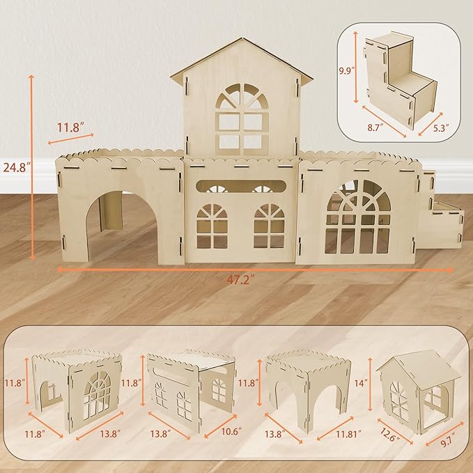 YUEPET Extra Large Wooden Bunny Castle, Ventilated Rabbit Castle Hideaway with Stairs, Detachable Small Animal Hideout & Habitats for Indoor Outdoor Dwarf Rabbits Bunnies to Hide & Play