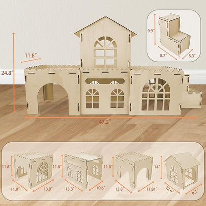 YUEPET Extra Large Wooden Bunny Castle, Ventilated Rabbit Castle Hideaway with Stairs, Detachable Small Animal Hideout & Habitats for Indoor Outdoor Dwarf Rabbits Bunnies to Hide & Play