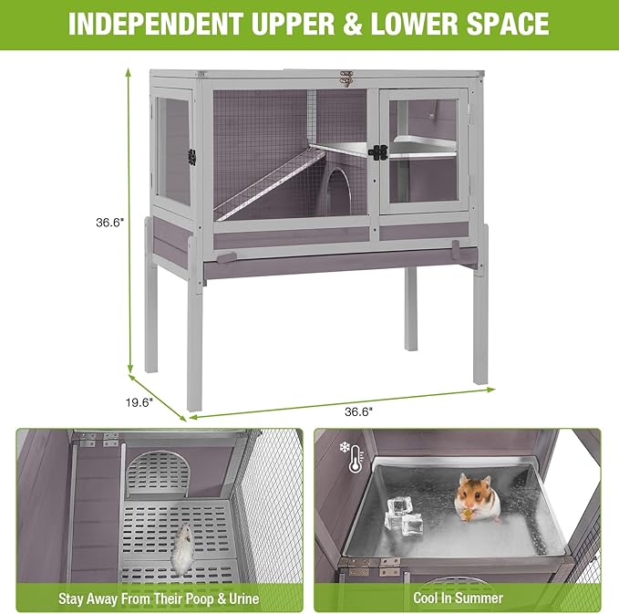 Wooden Guinea Pig Cages Indoor,Two-Story Wooden Rabbit Cage Hutch with Removable Stand and Pull Out Tray, Small Animals Cage Habitat with Ramp and Plastic Mesh(Grey&Purple)