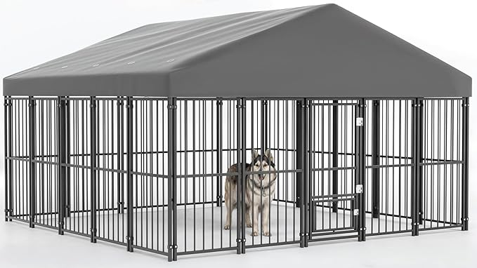 10X10FT Large Dog Kennel Outside with Feeding Door, Heavy Duty Dog Cage with Roof and Double Safety Locks, Outdoor Dog Enclosure for Pets
