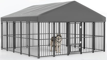 10X10FT Large Dog Kennel Outside with Feeding Door, Heavy Duty Dog Cage with Roof and Double Safety Locks, Outdoor Dog Enclosure for Pets