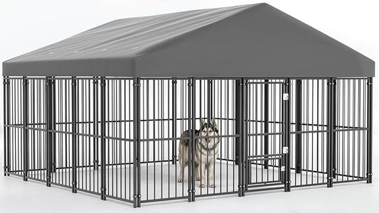 10X10FT Large Dog Kennel Outside with Feeding Door, Heavy Duty Dog Cage with Roof and Double Safety Locks, Outdoor Dog Enclosure for Pets