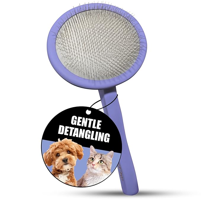 Tauro Pro Line Wooden Deshedding Dog Brush for Long Goldendoodle, Labradoodle & Poodle Hair - Purple Slicker Brush for Dog & Cat Grooming - Oval Flexible Cushion & Non-Slip Grip, M