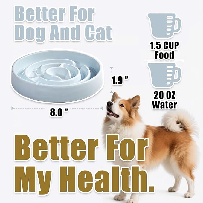 Slow Feeder Dog Bowls, Ceramic Dog Bowl with Anti-Slip, Slow Feeder & Non-Slip Design, Boredom and Anxiety Reducer, Suitable for All Breed Dogs and Cat (Ceramic-Blue)