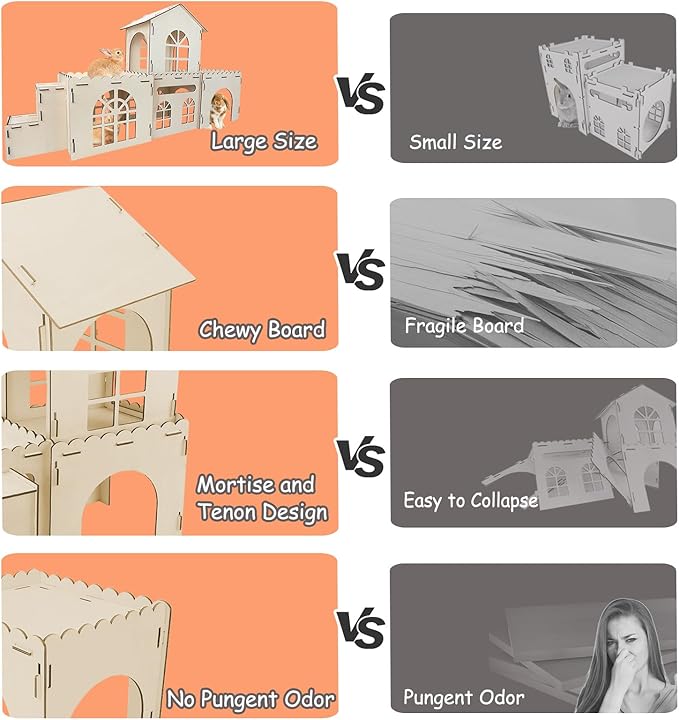 YUEPET Extra Large Wooden Bunny Castle, Ventilated Rabbit Castle Hideaway with Stairs, Detachable Small Animal Hideout & Habitats for Indoor Outdoor Dwarf Rabbits Bunnies to Hide & Play