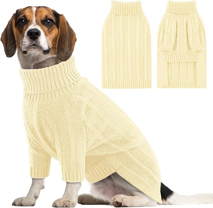 Queenmore Dog Sweater, Large Dogs Sweater Xmas,Turtleneck Pullover Dog Sweaters for Dogs Girls Boys,Sweaters Doggy Large,Thanksgiving Knitted DogSweater for French Bulldog(Light Apricot,L)
