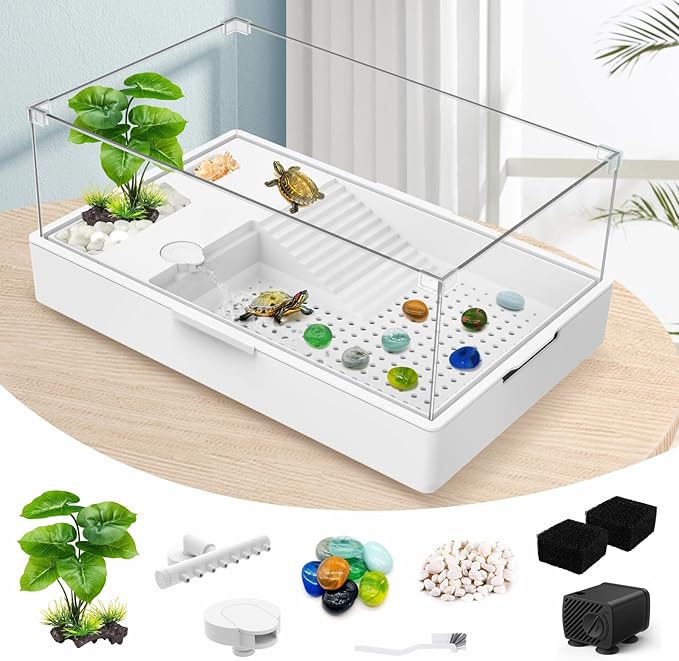 GOZILLA Large Turtle Tank Kit+Water Pump, Acrylic Turtle Tank Starter Kit with Adjustable 5W Water Pump and Two Shower Heads, Multi-Functional Area for Small/Medium Turtles(Large-White Tank).