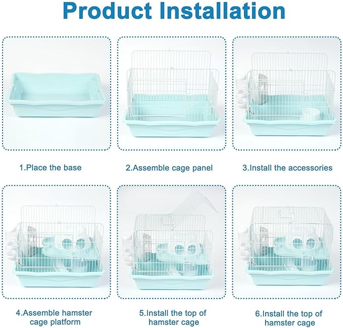 1 PCS Dwarf Hamster Cage Portable, 2-Tier Small Animal Habitat Travel Hamster Cages with Exercise Wheel, Water Bottle, Food Dish for Dwarf Hamsters, Mice, Gerbils (Grey/Blue/Pink, Random Delivery)