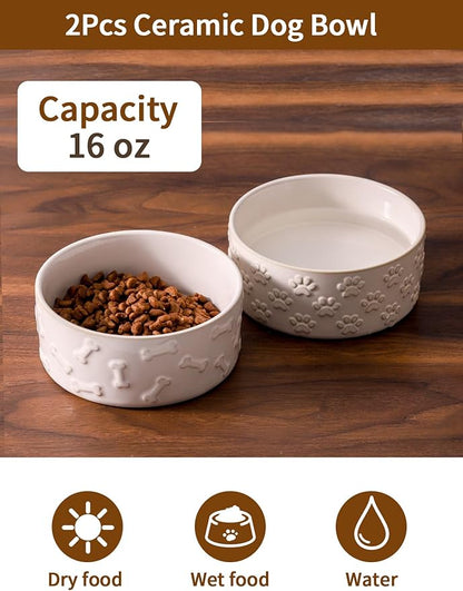 UBEE Ceramic Dog Bowl Set of 2, 5.1 inch Dog Food Bowl Dish with Bone or Paw Pattern, Pet Food Water Dish Feeding for Small Dogs and Large Cat, White