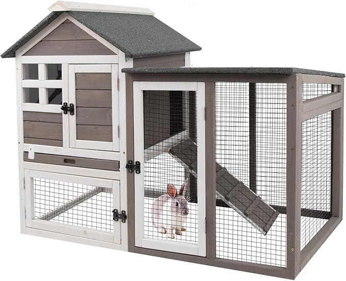 48" L Rabbit Hutch Indoor Outdoor Rabbit Cage with Run, Pull Out Tray, Asphalt Roof Large 2 Story Bunny Hutch Wooden Chicken Coop Guinea Pigs Pet House Cage for Small Animals(Grey)