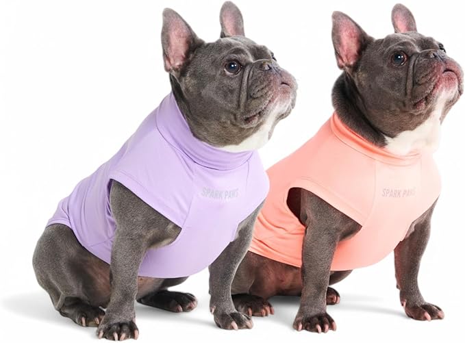 Spark Paws Sunblock Dog T-Shirt, SPF30 Protection, Lightweight Breathable Quick Dry for Dogs with Sensitive Skin - Purple & Peach (Set of 2) - L
