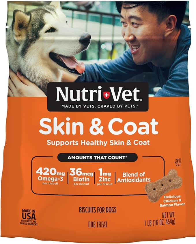 Nutri-Vet Skin & Coat Biscuits for Dogs, Tasty Dog Treat, Skin and Coat Supplement, Small Sized Biscuit, Omega-3 and Biotin, 16 oz