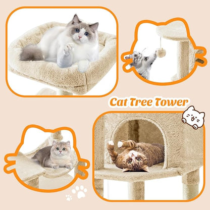 Sweetcrispy 44 inch Cat Tree Tower, Multi-Cat Climbing Tower with Condo, Natural Sisal Scratching Posts, Extended Platform, Hammock, Pet House for Indoor Cats and Kittens Play, Beige