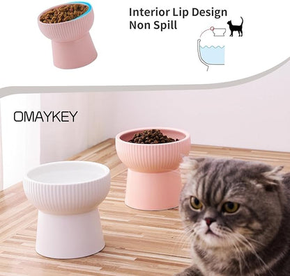 OMAYKEY Ceramic Raised Cat Bowls, Elevated Cat Food and Water Bowls Set, 15 oz Porcelain Stress Free Pet Feeder Bowl Dish for Cats and Small Dogs - Set of 2, Pink