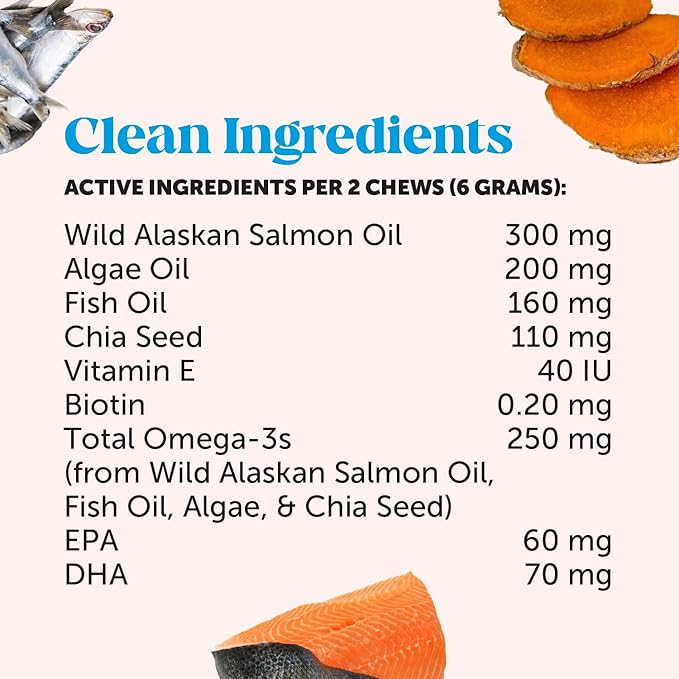 Omega Skin Health Chews for Dogs, Alaskan Salmon Oil, Omega-3 Fish Oil, Krill, Spirulina, Omega-3s, Healthy Skin & Coat, Itchy Skin, Dog Allergies, May Reduce Shedding (90 Count)