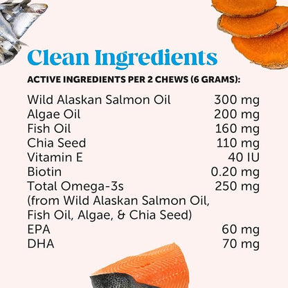 Omega Skin Health Chews for Dogs, Alaskan Salmon Oil, Omega-3 Fish Oil, Krill, Spirulina, Omega-3s, Healthy Skin & Coat, Itchy Skin, Dog Allergies, May Reduce Shedding (90 Count)