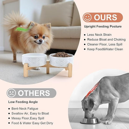 SPUNKYJUNKY Elevated Dog Bowls Ceramic, 5.1'' Dogs and Cat Food Water Bowls Raised with Non-Slip Bamboo Stand for Puppy Small Sized Breed Microwave Dishwasher Safe - 13.5 OZ,Paw White