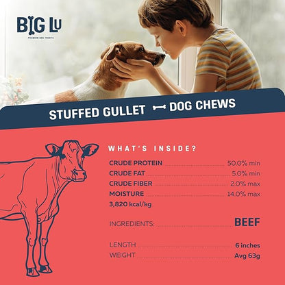 Big Lu - 6-Inch Stuffed Gullet Sticks, 20 Count, Premium Beef Dog Treats, All-Natural, High-Protein, Easily Digestible Chews for Dogs, Supports Dental Health and Joint Mobility