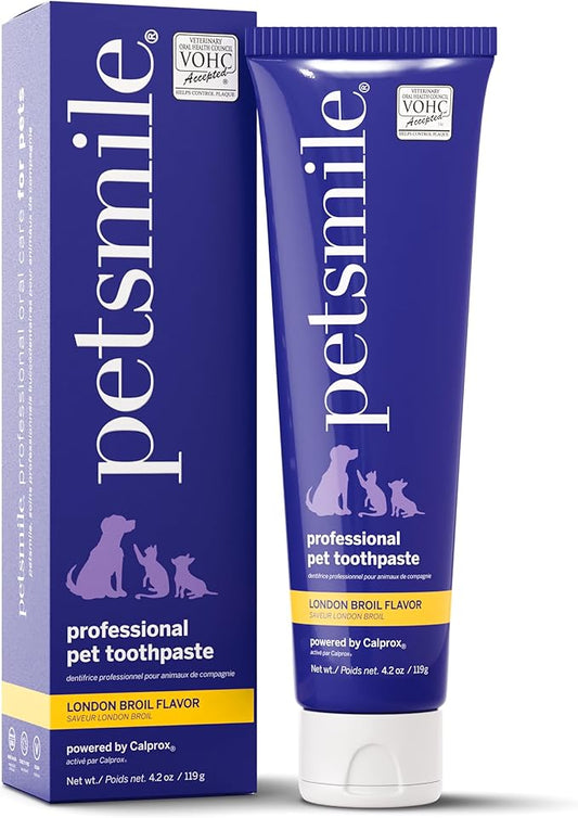 Petsmile Professional Pet Toothpaste for Cats & Dogs - Only VOHC Accepted Toothpaste - Clinically Proven to Control Plaque & Tartar Calprox Formula (London Broil, 4.2 Oz)