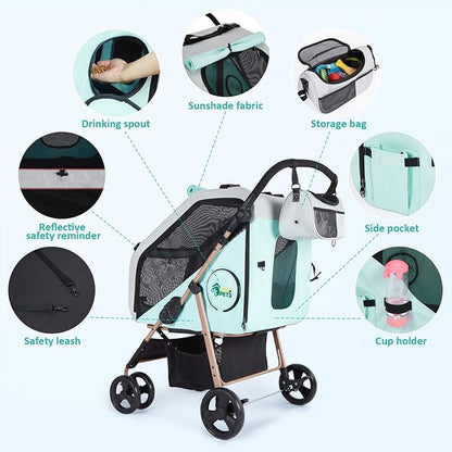 Ownpets Pet Stroller with Upgraded 4 Wheels, Foldable Dog Stroller for Medium Dogs and Cats Up to 66lbs, Detachable Carrier for Car Seat, with Storage Organizer, Cup Holder