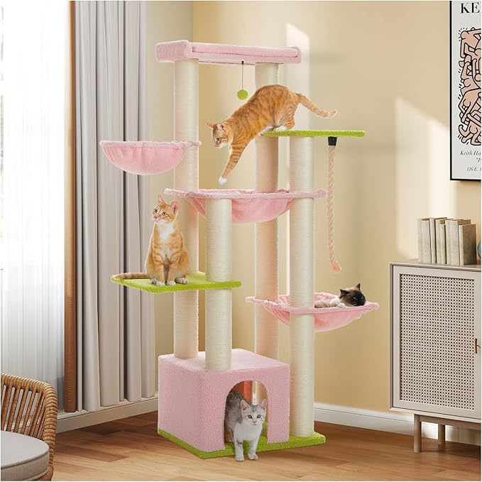 Pink 67" Heavy Duty Cat Tree for Indoor Cats Large Adult, XXL Cat Tower with 13 Thick Scratching Posts (φ4.3), Large Perch, Spacious Condo & Big Hammock - for Maine Coon up to 20 lbs