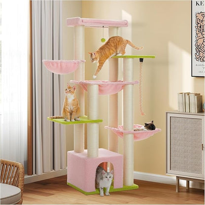 Pink 67" Heavy Duty Cat Tree for Indoor Cats Large Adult, XXL Cat Tower with 13 Thick Scratching Posts (φ4.3), Large Perch, Spacious Condo & Big Hammock - for Maine Coon up to 20 lbs