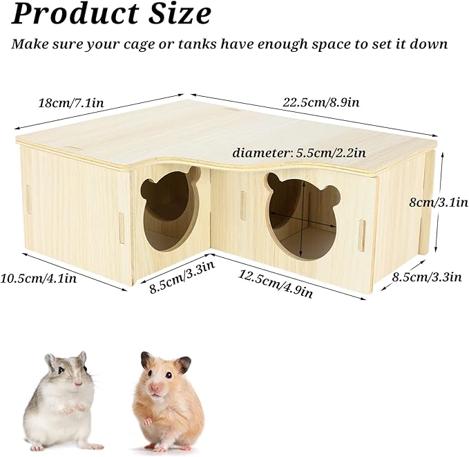 Multi-Chamber Hamster House Maze, 3-Room Hideouts, Wooden Hamster Maze & Tunnel Exploring Toys, Dwarf Hamster House Habitats Decor for Hamster Mice Gerbils Lemmings