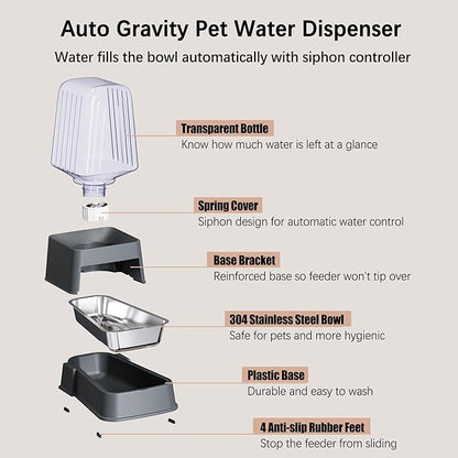 Automatic Dog and Cat Food Feeder and Water Dispenser Set with Stainless Steel Bowls,Gravity Pet Food and Water Feeders,100% BPA-Free,Large Capacity for Cats Dogs Pets… (5L Dark Gray)