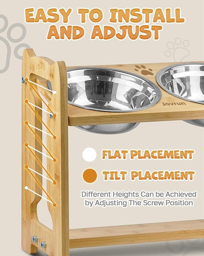 Elevated Dog Bowls, Adjustable Raised Dog Bowl Stand for Medium Large Size Dogs, Durable Bamboo Dogs Feeder with 2 Stainless Steel Bowls and Non-Slip Feet, Pet Food Bowl for Medium Large Sizes