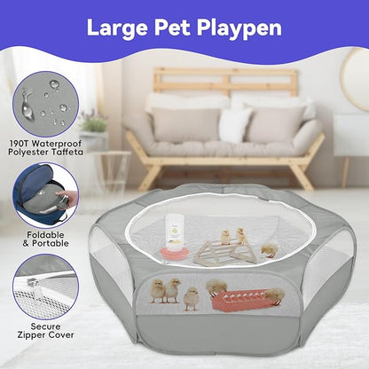 Pawaboo 5-in-1 Chicken Brooder Box for Chick Starter Kit, Includes Pet Cage Tent, Chicks Perch, Chicks Feeder, 1.1L Chick Waterer, Baby Chicken Supplies (Brooder Set), Gray