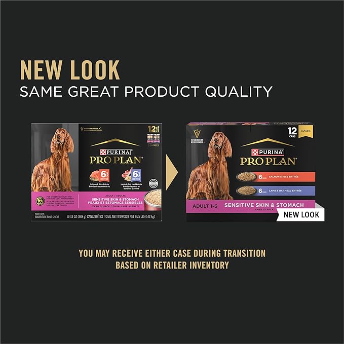 Purina Pro Plan Sensitive Skin and Stomach Wet Dog Food, Salmon and Rice and Lamb and Oat Meal Variety Pack - (Pack of 12) 13 oz. Cans