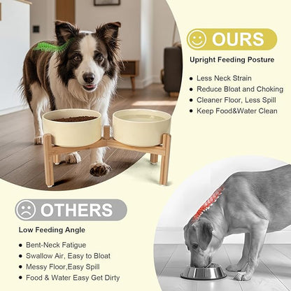 SPUNKYJUNKY Elevated Dog Bowls Ceramic, 7.3'' Dogs Food Water Bowls Raised with Non-Slip Bamboo Stand for Medium to Large Sized Breed Microwave Dishwasher Safe - 42 OZ,Beige