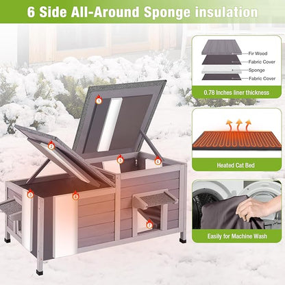 GUTINNEEN Heated Cat House with Insulated Liner Outdoor Cat House with Anti-Bite Cable Weatherproof Cat Shelter with Heater Feral Cat House for Winter