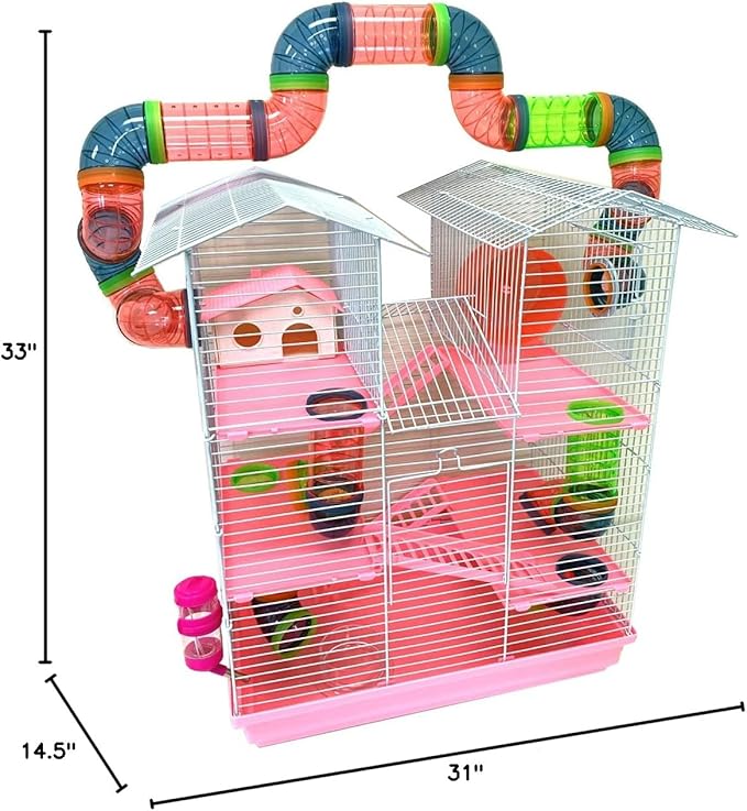 Pink Large 5-Level Large Expandable and Customizable Cross Twin Tower Tube Tunnel Habitat Hamster Rodent Gerbil Mouse Mice Rat Home Cage with Hide House Exercise Wheel Food Dish Water Bottle