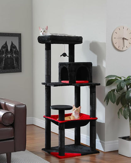 PEQULTI Cat Tree for Large Cats with Metal Frame Big Hammock, Cat Tower for Indoor Cats with 2 Door Condo House, [56.3"=143cm] Multi-Level Cat Shelves with Scratching Posts and Top Perch, Black